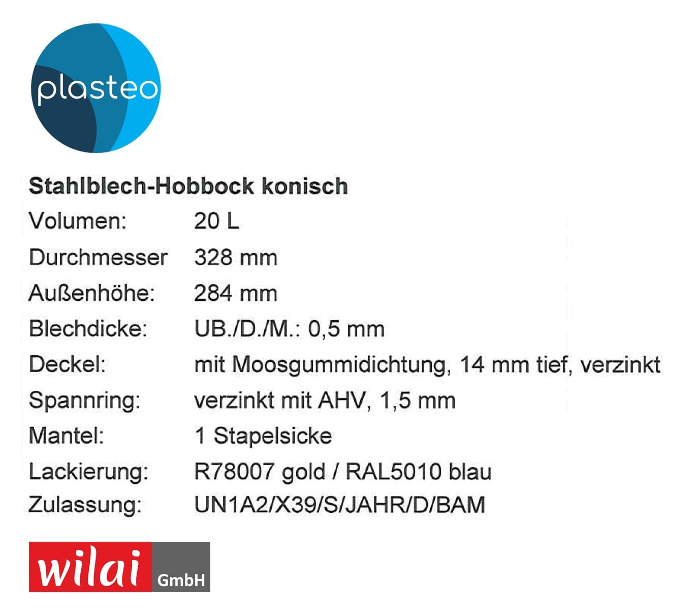 plasteo® Stahlfass 20 Liter Hobbock Deckelfass | Zyklon Staubabsaugung Geeignet | Metall Blechfass Mülleimer Kübel mit 2 Seitlichen Fallgriffen | Stabil Gefüllt Stapelbar | Lebensmittelecht