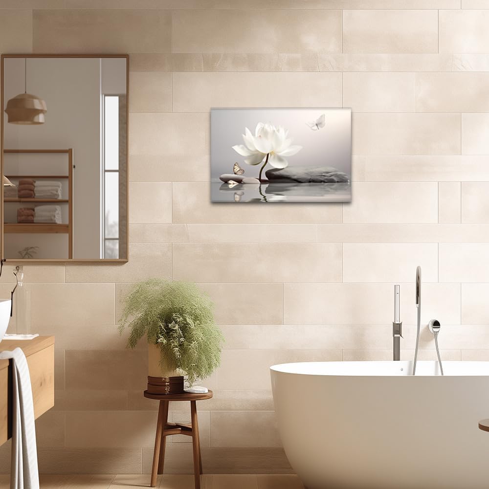 ZQQART Lotus Flower Picture Wall Decor White Flower Blooming Canvas Painting Art Zen Floral Pictures Spa Bathroom Decor Framed(Zen 3,16.00" x 24.00")