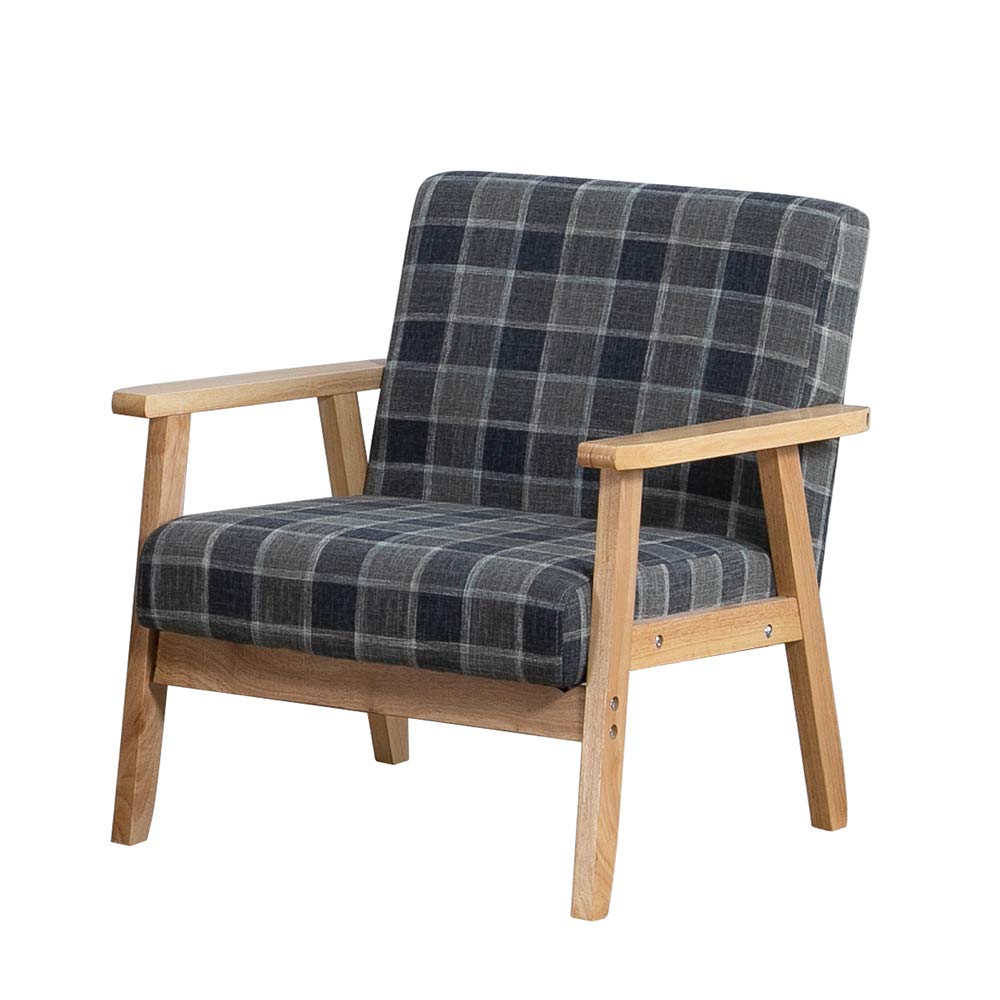 Retro Grey Check Sofa, Linen Fabric Armchair, Tub Occasional Chair for Living Room, Reception, Bedroom, Balcony - Comfortable Padded Seat (Grey Check, Single)