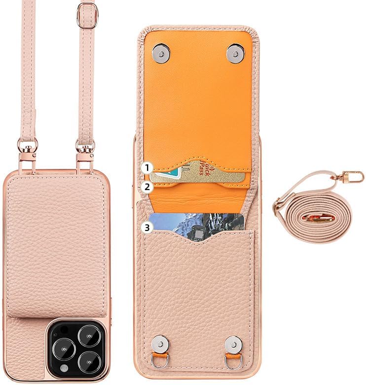 LXURY Wallet Case for iPhone 15 Pro Max/15 Pro/15, Top Litchi Grain Leather Cover with Card Slot Kickstand Shoulder Strap Fashion Phone Case,Black,15''