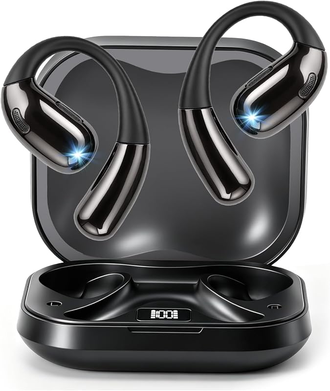 Abrir auriculares inalámbricos con clip para los oídos Auriculares de conducción ósea, Bluetooth 5.4, diseño de oído abierto para correr,oficina, micrófono incorporado, IPX7 a prueba de agua, estuche de carga con pantalla LED, ganchos para los oídos negro