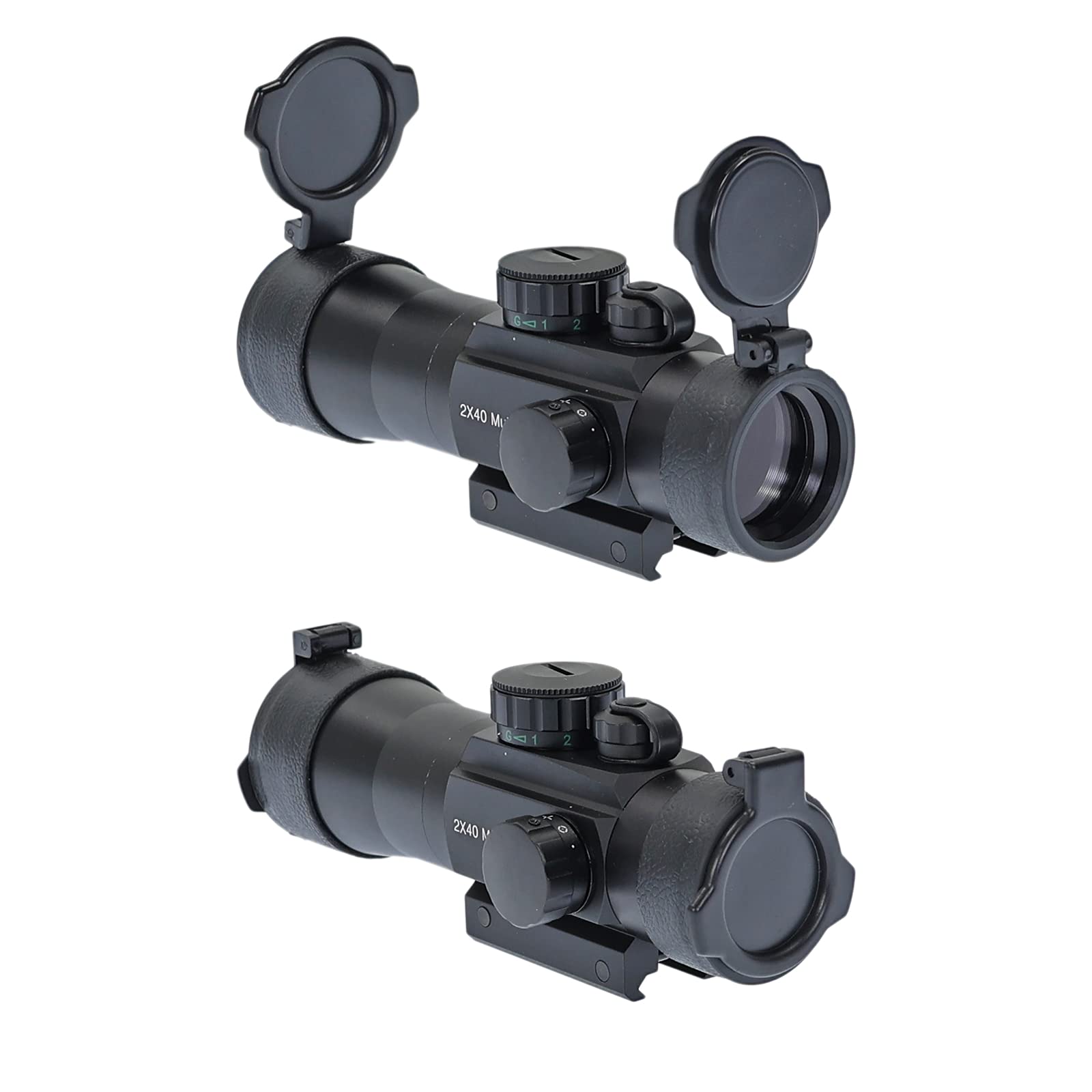 X-Bow FMA Multi Dot 2x40 Red Dot Visier | robustes Aluminium-Visier mit 4 Zielbildern, 5-stufiger Beleuchtung (Rot/Grün), 2-fache Vergrößerung, Picatinny-Montage