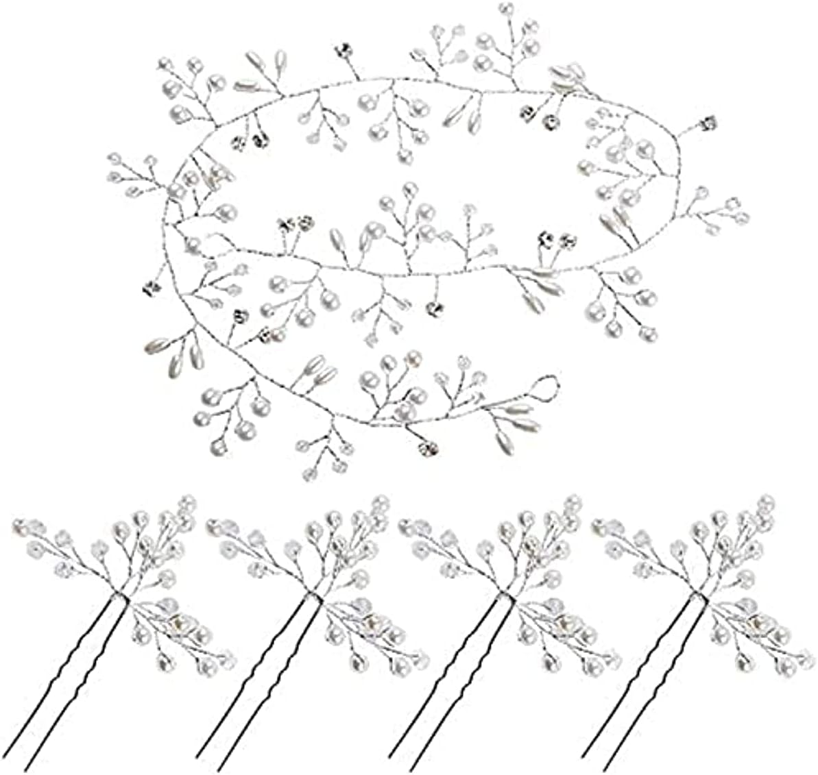 Bridal Wedding Hair Vine,Extra Long Pearl and Crystal Beads Bride Head Piece,Silver Hair Accessories for Women and Girls