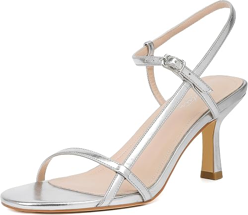 Mostrin Women's kitten Low Silver Strappy Heels for Women Open Round Toe Ankle S