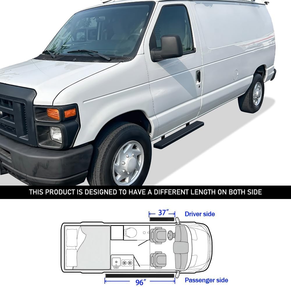 APS Premium 5in Stainless Steel Black Running Boards Compatible with Ford Econoline 1999-2014 Full Size Van 3-Door (Nerf Bars Side Steps Side Bars)
