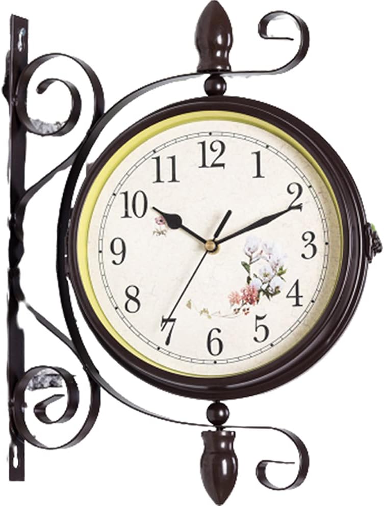 Double Sided Wall Clock Wall Hanging Home Décor Outdoor Wrought Iron Garden Clock Metal Clock Two Faces Antique Hanging Clock Indoor Décor Garden Wall Clock (B)