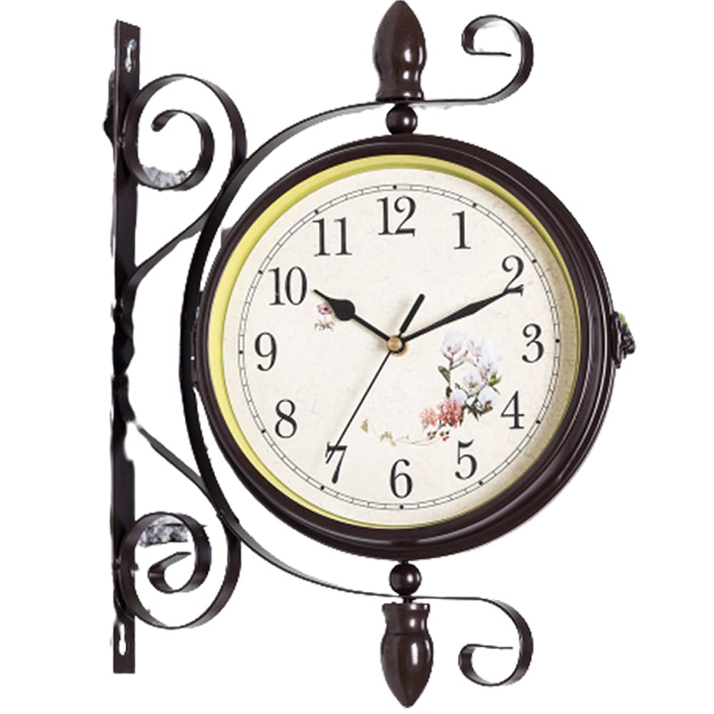 MYUYEE Double Sided Wall Clock Wall Hanging Home Décor Outdoor Wrought Iron Garden Clock Metal Clock Two Fas Antique Hanging Clock Indoor Décor Garden Wall Clock