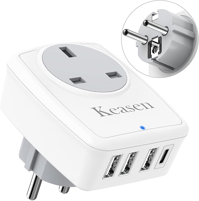 UK to European Plug Adapter, Travel Plug UK to EU Travel Adapter with USB C & 3 USB Euro Plug Adapter 5 in 1 Grounded European USB Plug Adaptor for Spain France Germany Greece Poland Turkey (Type E/F)