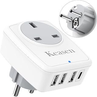 UK to European Plug Adapter, Travel Plug UK to EU Travel Adapter with USB C & 3 USB Euro Plug Adapter 5 in 1 Grounded European USB Plug Adaptor for Spain France Germany Greece Poland Turkey (Type E/F)