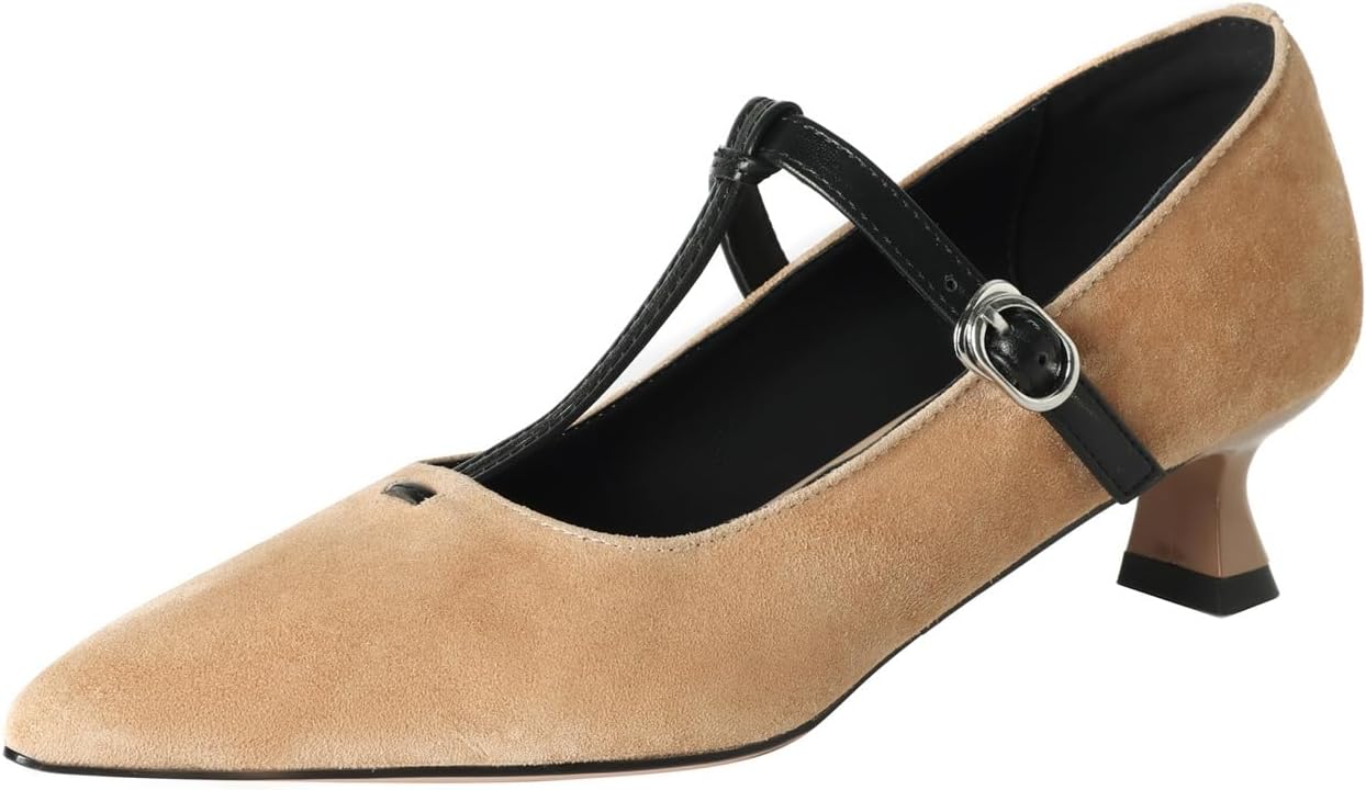 TinaCus Women's Pointed Toe Suede Leather Kitten Heels Handmade T-Strap Elegant Dress Pumps