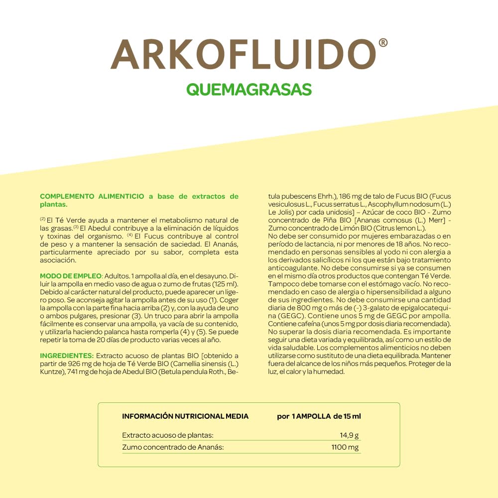 Arkopharma Arkofluido Quemagrasa Bio 20 Ampollas, Control de Peso, Saciante, Elimina Líquidos y Toxinas Más Asesoramiento Nutricional, Complemento Alimenticio, 20 Unidad (Paquete de 1)