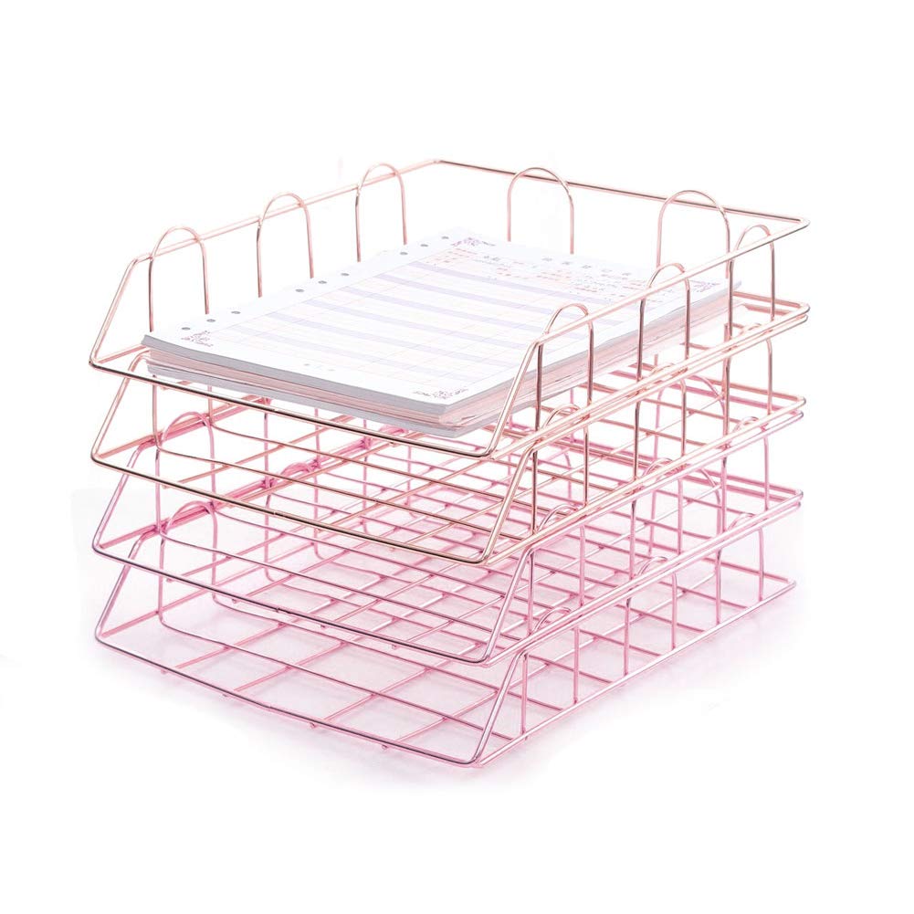 NANANA 4 Tier Stapelbare Ablagefachhalter, Stapelbare Briefablage Schreibtisch Ordentlich Datei Dokument Brief Papier Organizer Metall Ablage Home Office Verwenden(1 Set/4 Stück),Rose Gold