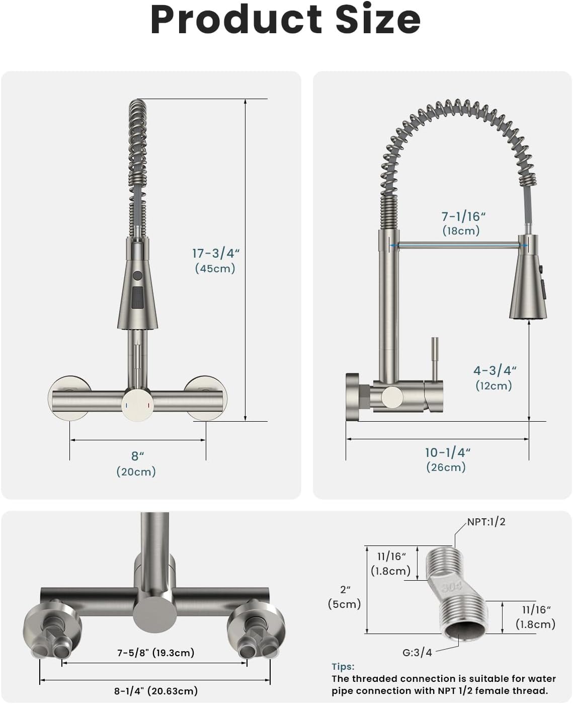 Wall Mount Kitchen Faucet Single Handles, 8 Inch Center Wall Commercial Utility Sink Faucet with Pull Out Sprayer 3 Modes, Stainless Steel, Brushed Nickel