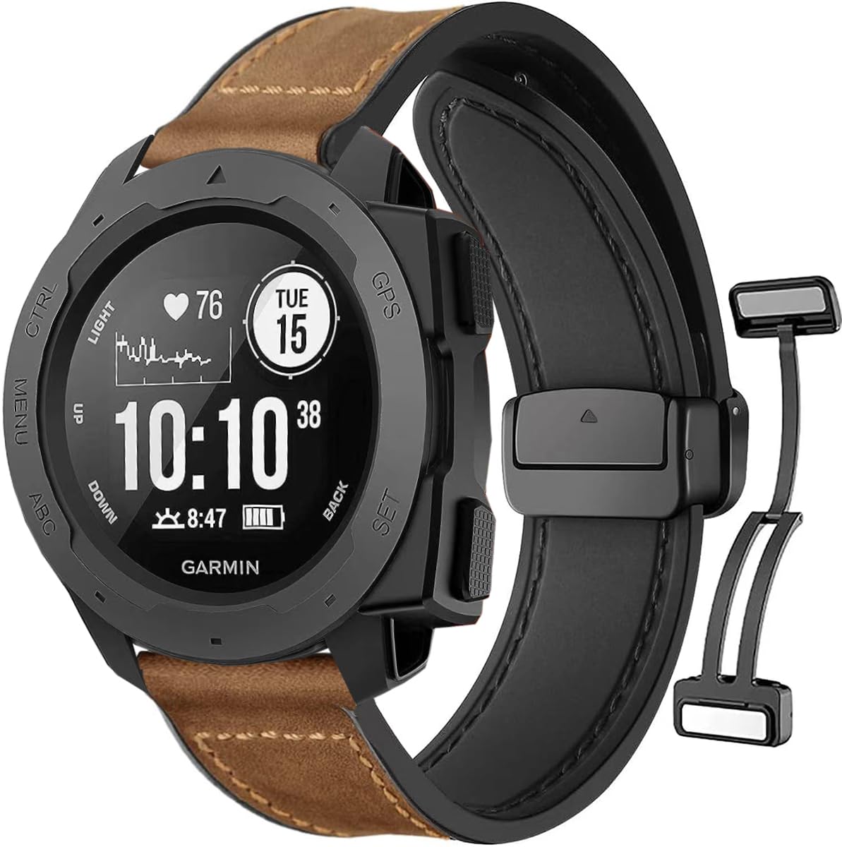 GARTOO Leather Watch Band for Garmin Instinct/Instinct 2 Solar, Soft Genuine Leather with Silicone Sweatproof Wrist Strap for Garmin Instinct Tactical/Tide/Esports/Instinct Solar-Max Wrist 8.1"