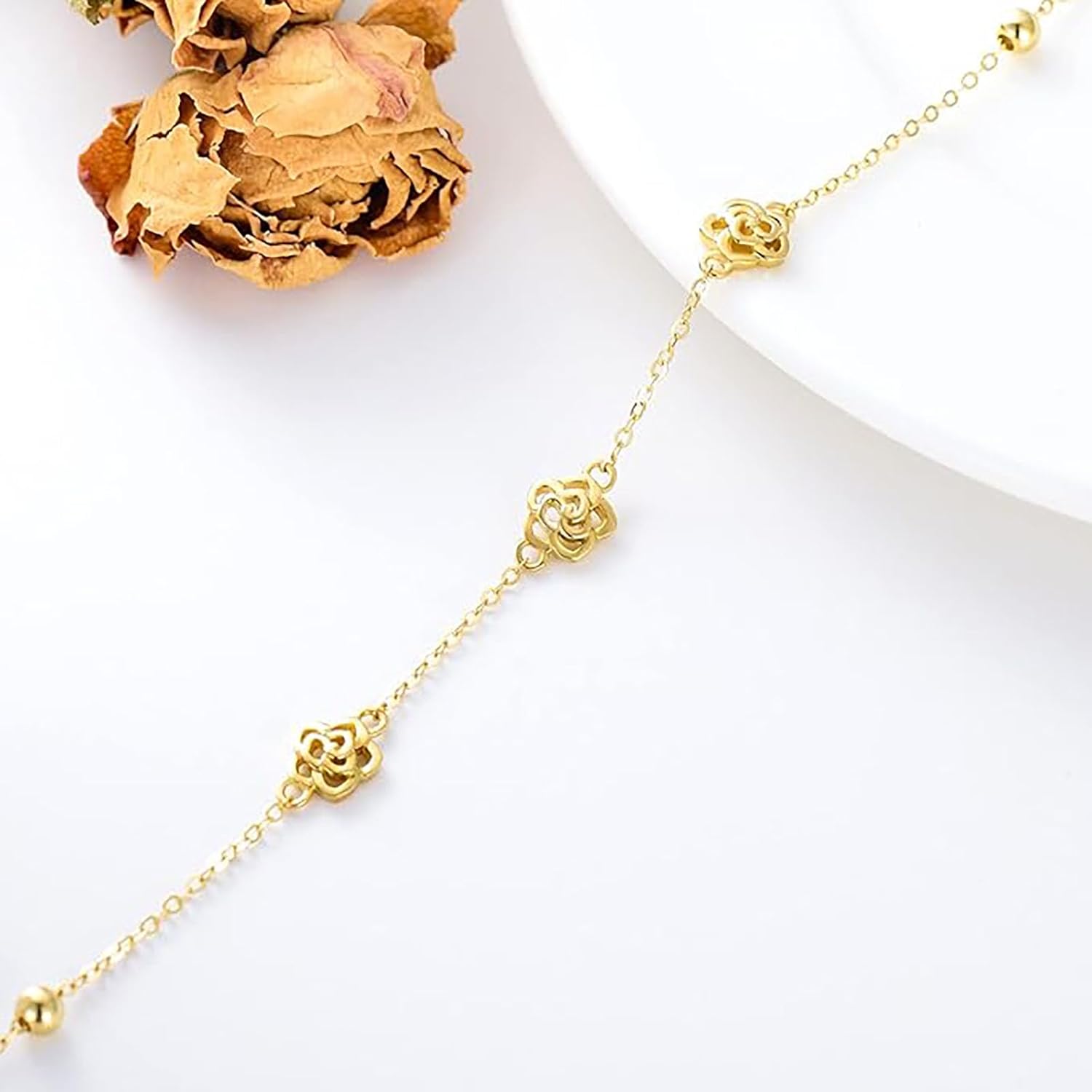 14K Solid Gold Rose Flower Bracelet for Women, Yellow Gold Created Three Flower Bracelet, Anniversary Birthday Jewelry Gifts for Wife Mom Girlfriend, 6.5+2 Inch