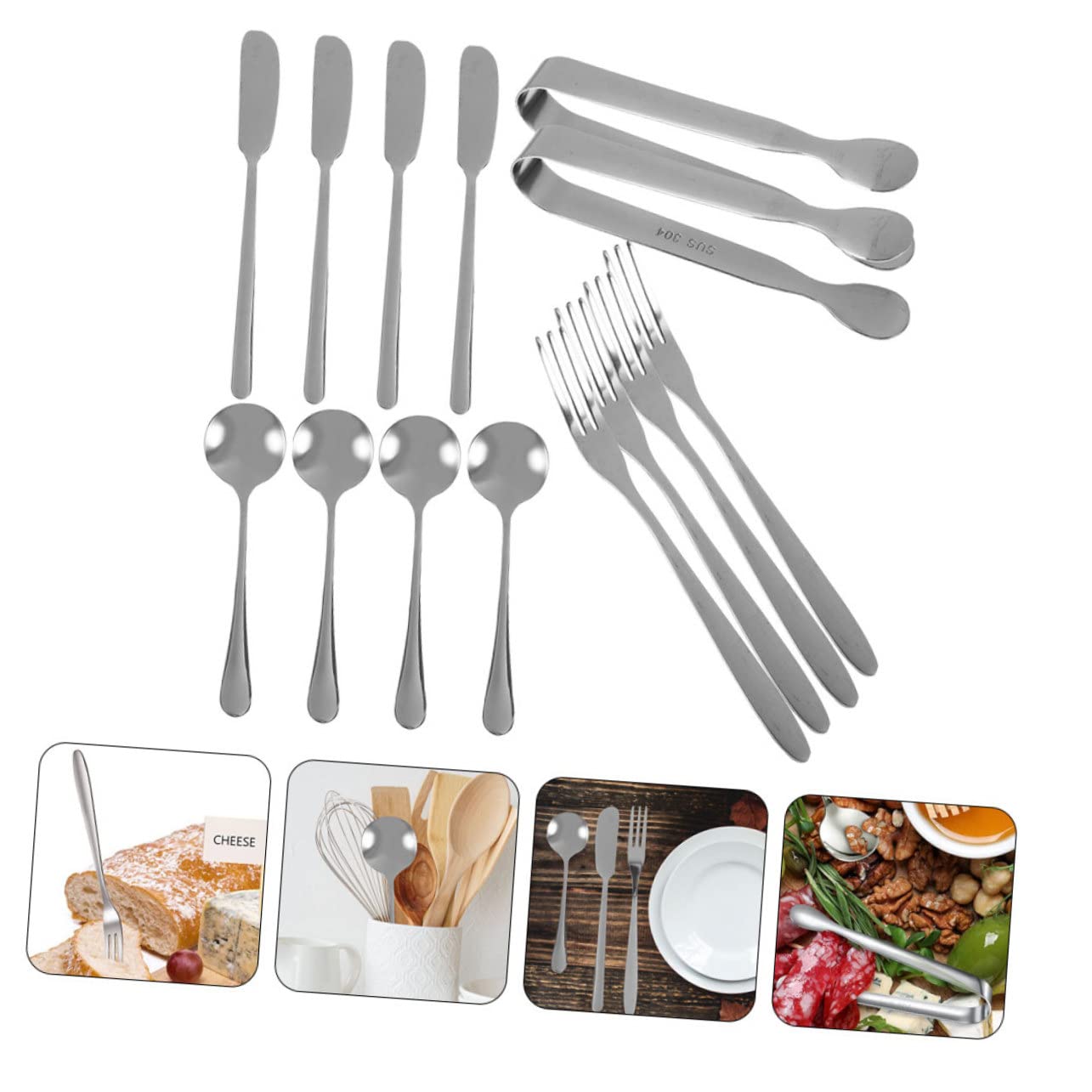 NAMOARLY 14pc Stainless Steel Cheese Butter Knife Fork Spatula Set Multi-function Cheese Serving Tools for Restaurant
