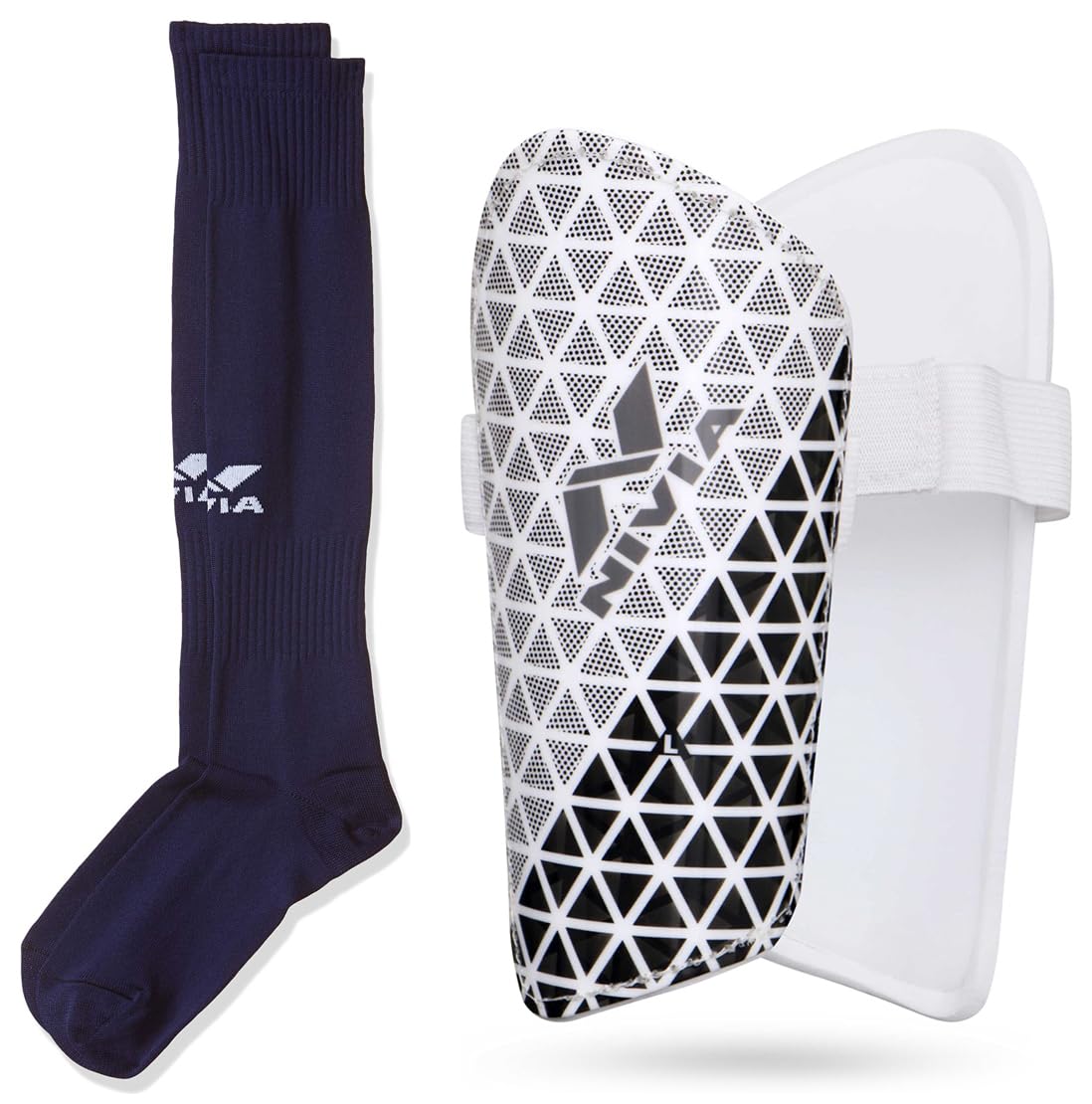 Nivia Wisdom-2018 Plastic Shin Guard, Small (White) & Nivia Plain Encounter Football Stockings for Men & Women, Knee Length Stockings, Football Socks, Soccer Socks, Sports Socks (N. Blue/White) Size-M (B0C99LN4FC) Amazon Price History, Amazon Price Tracker