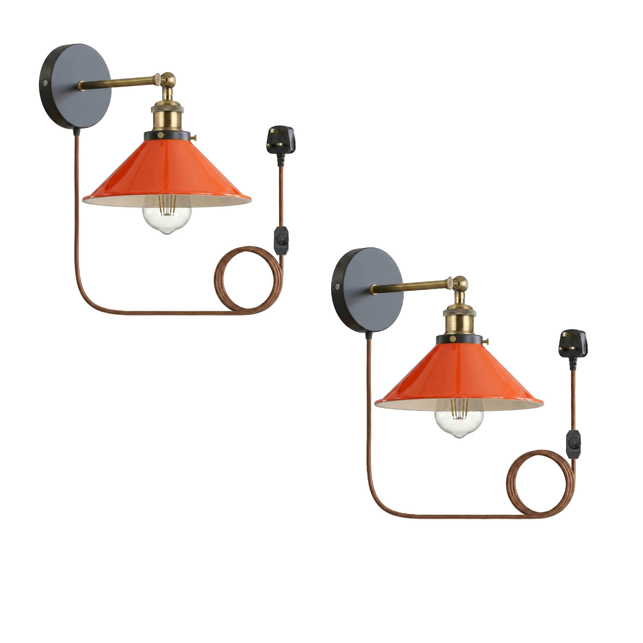 LEDSone Industrial Wall Sconce Adjustable Arm Light dimmer Switch Plug in 22cm Orange Metal Cone Lamp Shade with E27 Base Wall Lights for Restaurant Office and Indoor Home Decor