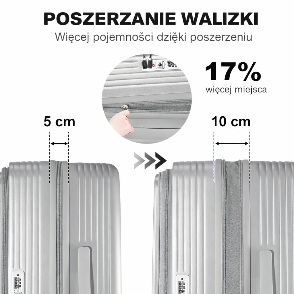Zestaw 3 walizek z twardego poliwęglanu, specjalny system otwierania z przodu z przegródką organizera, możliwość rozszerzenia, 51 61 71 cm, zamek szyfrowy TSA, podwójne kółka 360 stopni, srebro