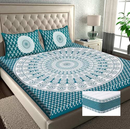 Image of RajasthaniKart Pure Cotton 144 TC Printed Double /Queen Bed Elastic Fitted Bedsheet with 2 Pillow Covers - All Around Elastic | 60 inchx78 inch, Fits Up to 8 inch Mattress | Jaipuri Print, 5248