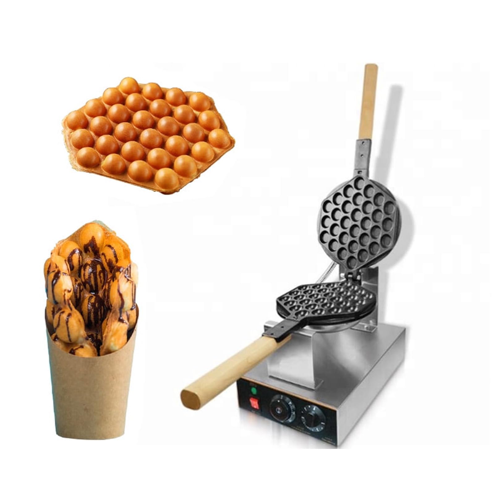 Gofrera de Burbujas con Soltero/Doble Cabezal Bubble Waffle Comercial Antiadherente Máquina de Gofre Estilo de Hong Kong 50-250℃,Sarten Gofres Girario 180 Grado (Size:Cabeza única)