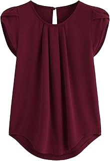 Milumia Women's Casual Round Neck Basic Pleated Top Cap Sleeve Curved Keyhole Back Blouse