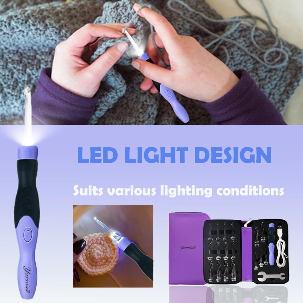 Yarniss 17 Sizes Lighted Crochet Hooks Set 2.5mm~14.0mm, Rechargeable Crochet Hook with Interchangeable Crochet Head