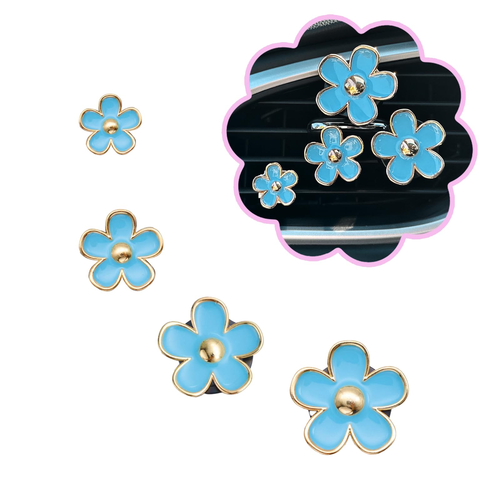 ORIESSE 4pcs Flowers Air Vent Clips Car Air Freshener,Girly Flowers Car Accessories for Women,4 Sizes Light Blue Daisy Flower Car Vent Clips Cute Car Decor,Refillable Car Diffuser