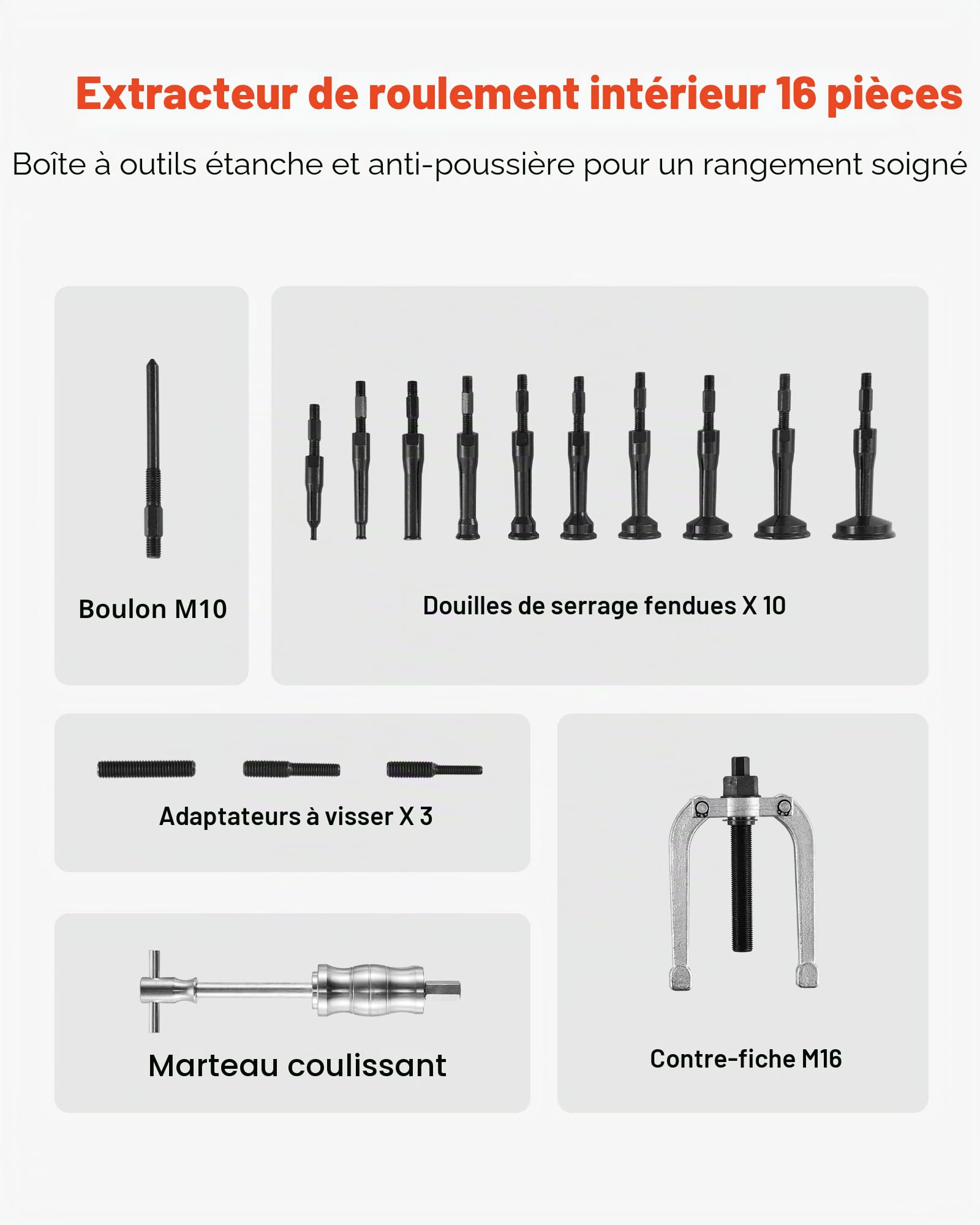 VEVOR Ensemble d'Extracteurs de Roulements dans Trou Borgne 16PCs, Kit d'Extraction de Bagues et de Joints de Roulements Intérieurs avec Marteau à Inertie, 10 Pinces Fendues et Contre-Appui, Atelier