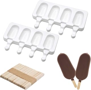 Ledeak Silikonowa forma do lodów, 2 szt. 4 zagłębienia Mini Pop Bar forma owalna forma do lodów maszyna do lodów mrożony deser tacka na patyki dom przybory kuchenne patelnia z 100 szt. drewnianym drążkiem do kreatywnego samodzielnego wykonania czekolady