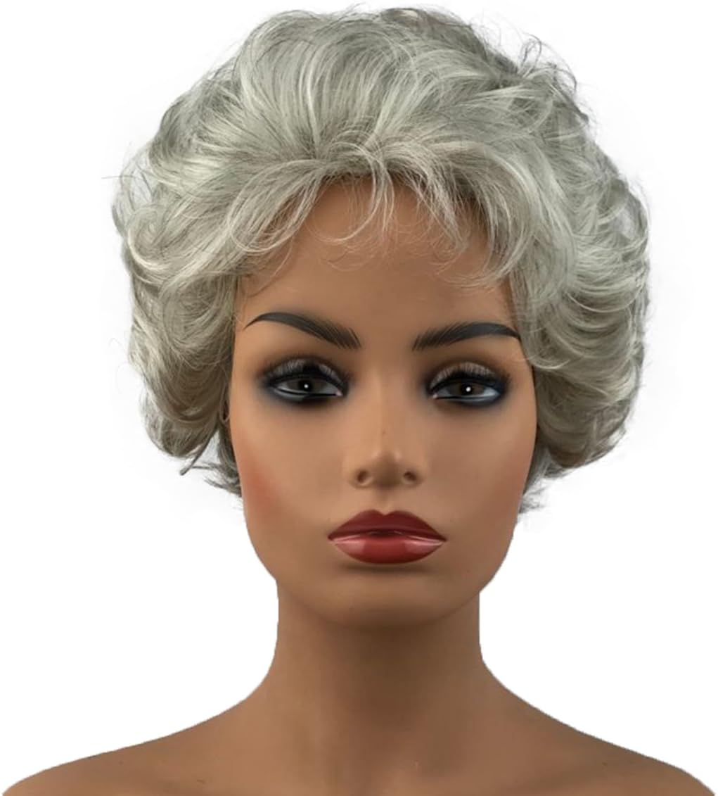 Wiginway Women Lady Mommy Grandmother Short Curly Wigs Gray White Layered Elegant Wig Hairpieces 6 Inch