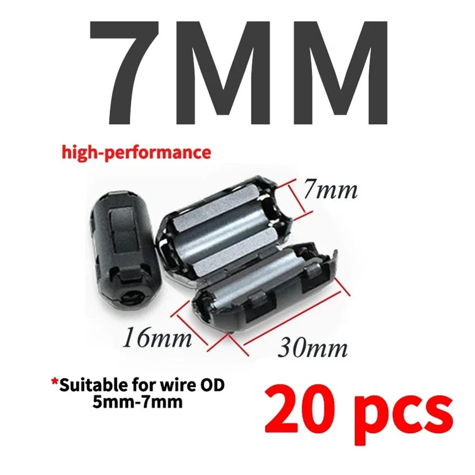 Filtro antirumore cavo EMI con perline di ferrite a scatto ID3.5/5/7/9/11/13/15mm 20 pezzi | Riduce le interferenze del segnale Design con blocco a scatto for cavi rotondi(7MM-ui1000)