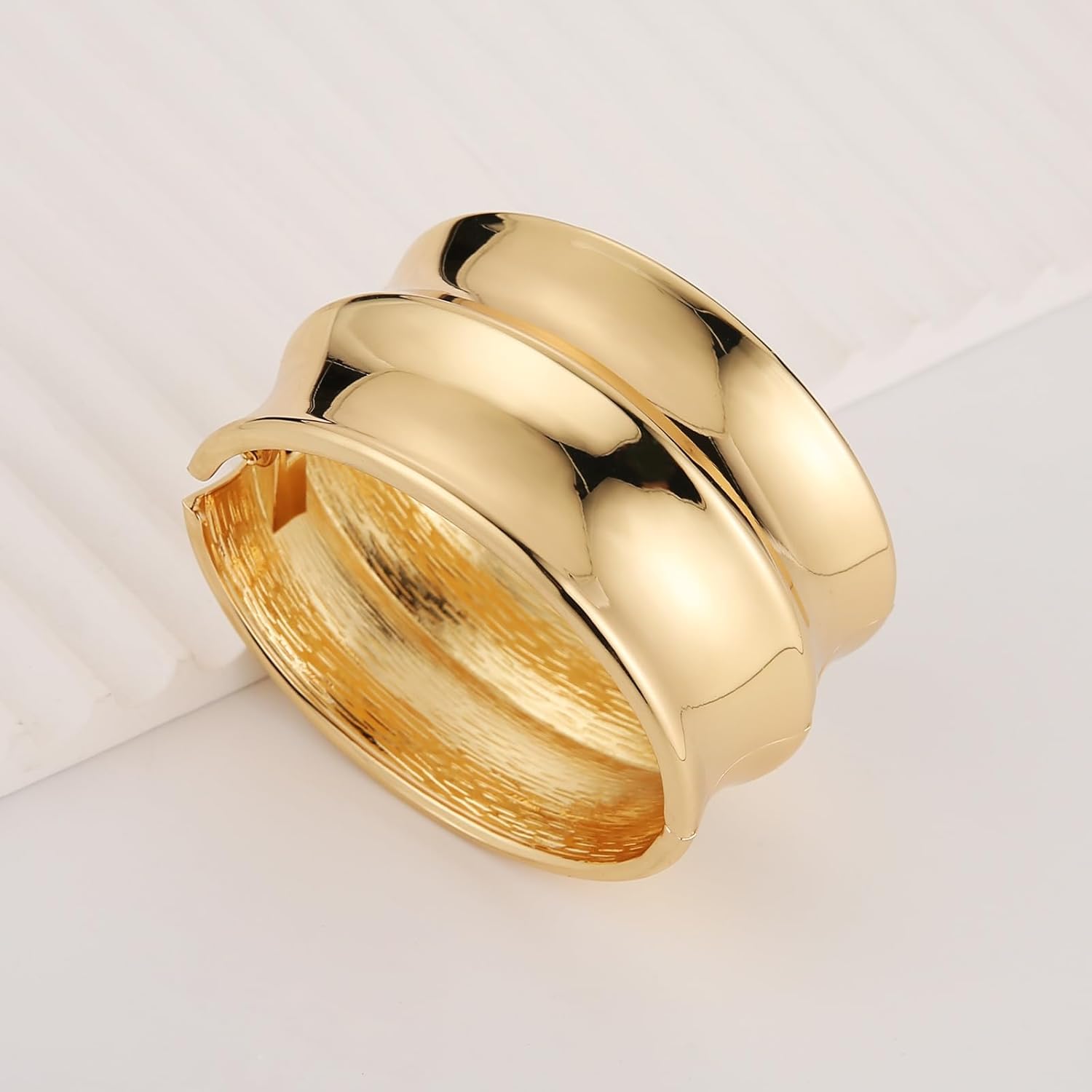 HZMAN 18K Gold Plated Wide Cuff Bracelet for Women - Premium Alloy Shiny Polished Double Layer Statement Bangle, Trendy Daily Wear Party Jewelry Accessory - Image 4