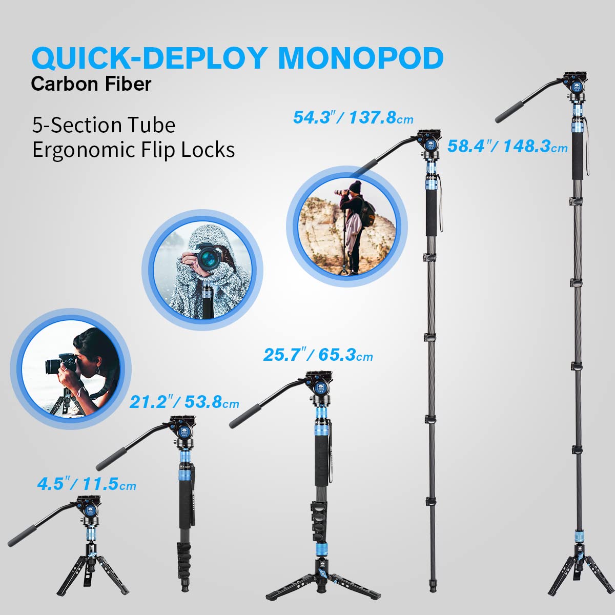 SIRUI P-325FS Camera Monopod Kit, 58.4" Lightweight Telescopic Carbon Fiber Video Monopod with VA-5 Fluid Video Head, Tripod Stand, Flip Locks for DSRL Camera
