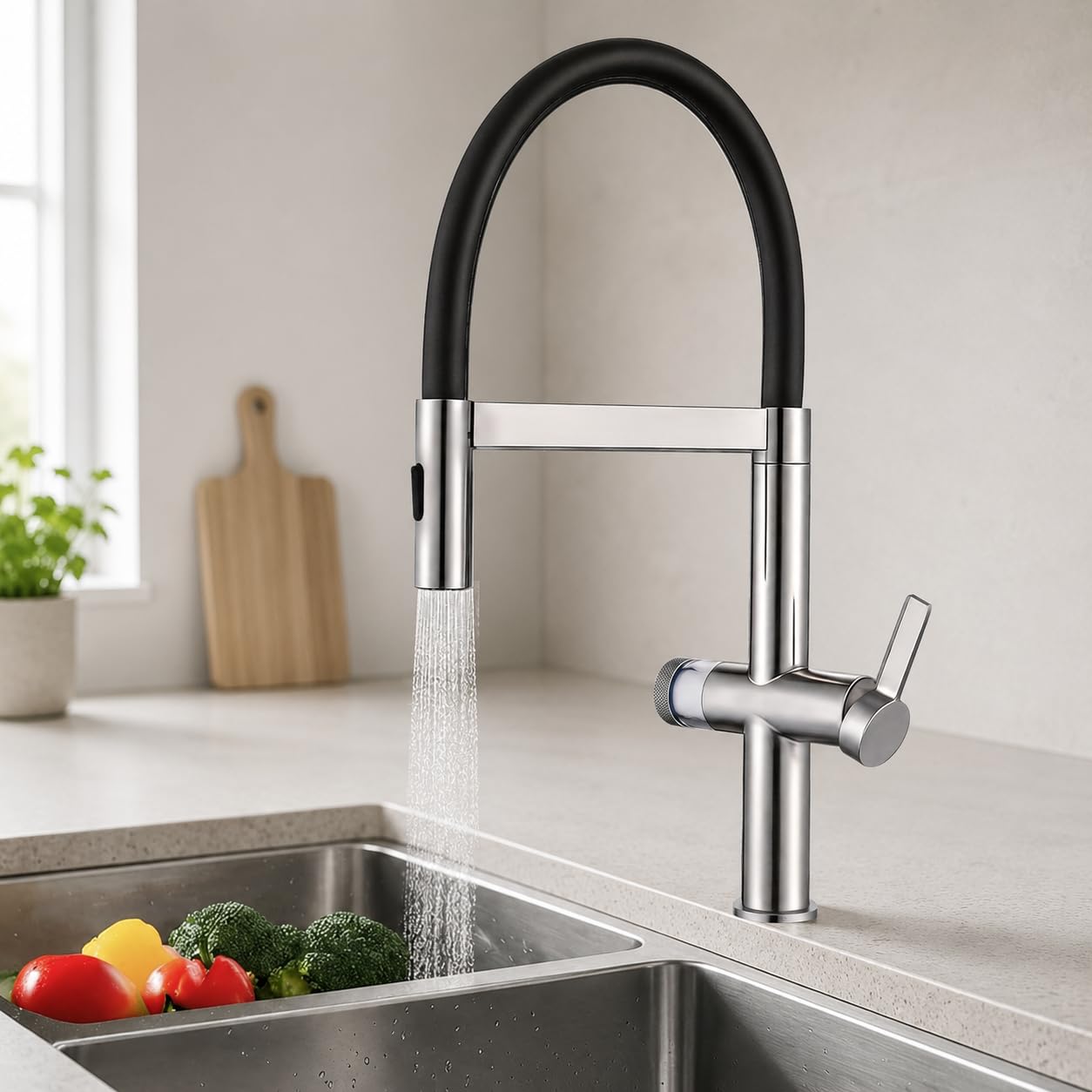 HOMELODY Wasserhahn Küche mit Filter, Hoher Bogen Küchenarmatur mit Ausziehbarer Brause, 360°Drehbar 2 Sprühfunktionen, Magnetrückstellung Mischbatterie Spültischarmatur Küchenarmaturen Chrom/Schwarz