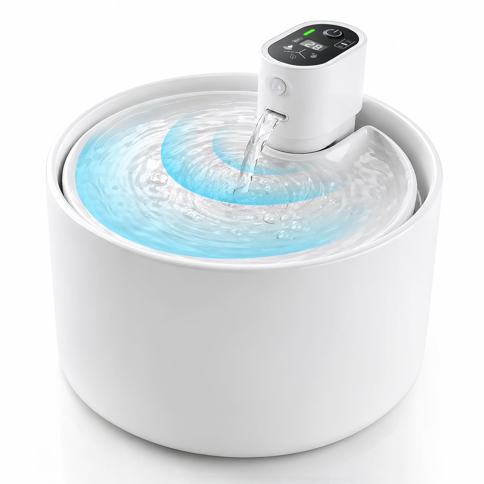 Fuente para Gatos cerámica 2,3L, inalámbrica, Ultra silenciosa | sensor de movimiento, 4000mAh, filtro multicapa, fácil limpieza