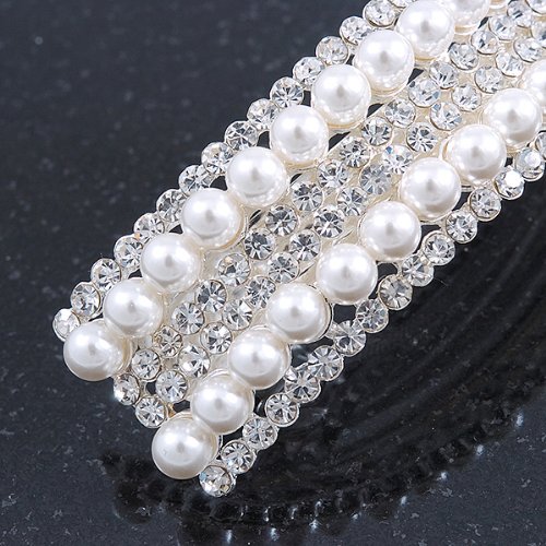 Simulated Pearl Diamante Twisted Barrette Hair Clip 85mm Wedding Prom Bridal/ Wedding/ Prom Silver Tone Simulated Pearl Diamante  main image 4