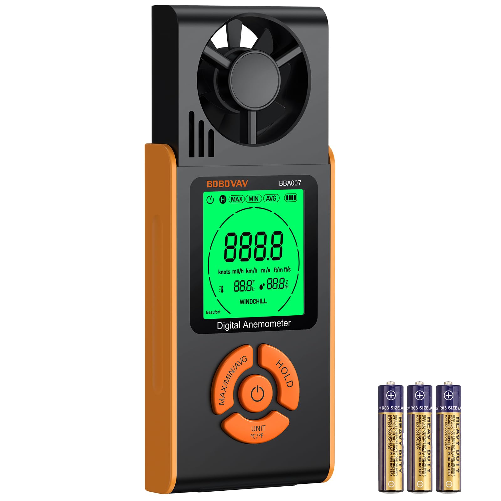 BOBOVAV Wind Speed Anemometer Handheld, 6 Units Precise Measurement Digital Wind Speed Meter with Backlight LCD and MAX/MIN/AVG Function For Sailing Drone Flying Outdoor Activities and HVAC