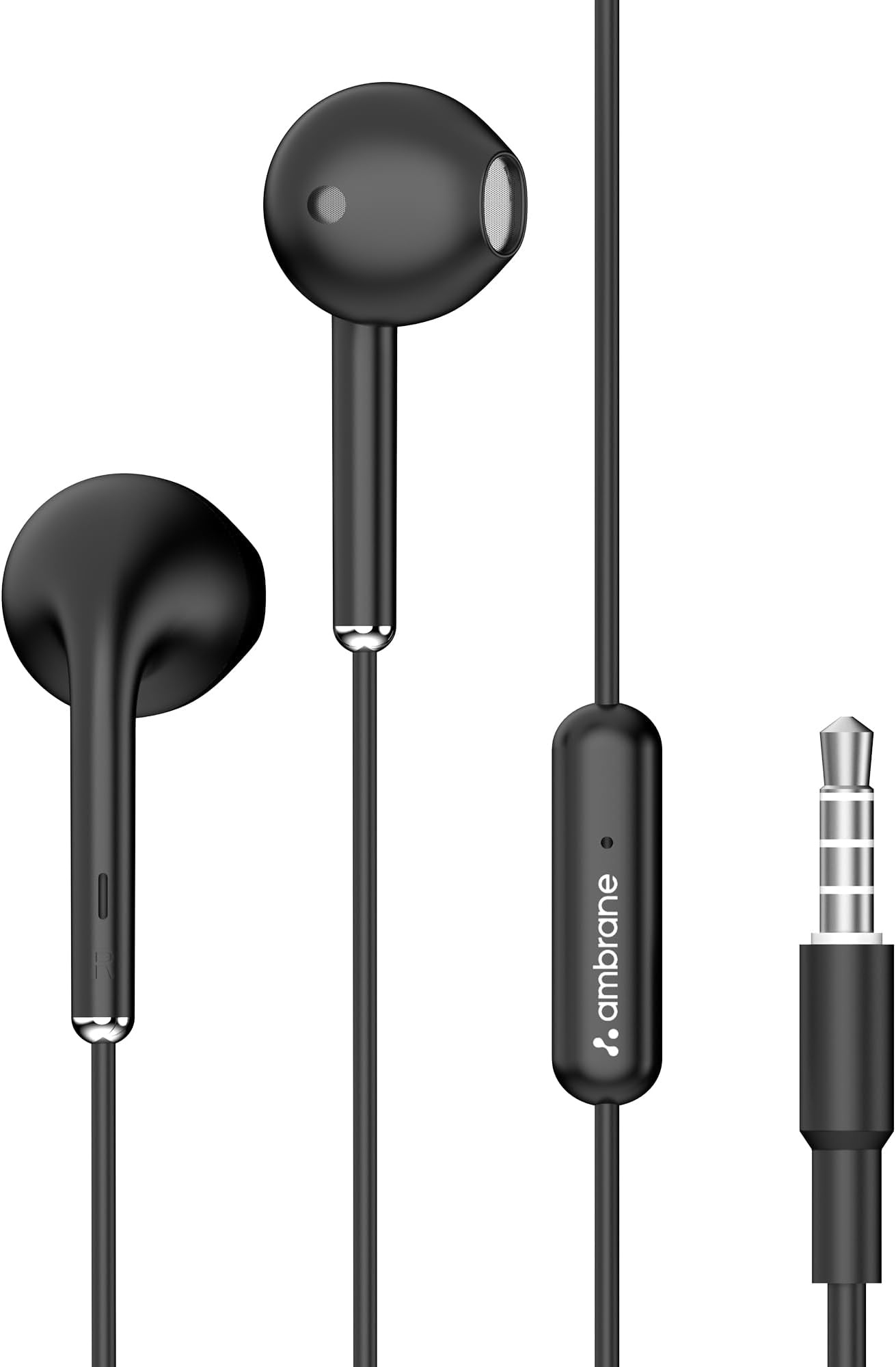 Ambrane 有線イヤホン、クリアな通話のためのインラインマイク付き、BoostedBass™用14mmダイナミックドライバー、3.5mmジャック、多機能コントローラー(Stringz 38 Lite、ブラック)