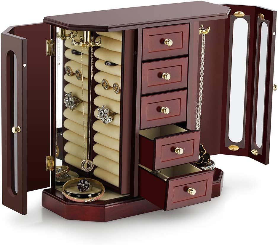 RR ROUND RICH DESIGN Jewelry Box - Made of Solid Wood with Cabinet Type 5 Drawers Organizer and 2 Separated Open Doors on 2 Sides and Large Mirror Brown - Image 2