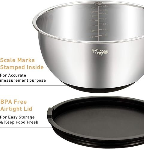 Miniatura 16 de Wildone Juego de cuencos para mezclar con tapas herméticas, 5 cuencos de acero inoxidable para cocina, con accesorios para rallador y parte inferior