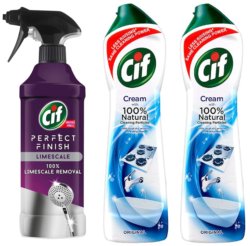 Image of Cif Original Multipurpose Surface Cleaner Cream for Kitchen & Bathroom, Ocean Breeze Scent, 2x500ml & CIF Perfect Finish Limescale Remover Spray | 100% Effective |435ml