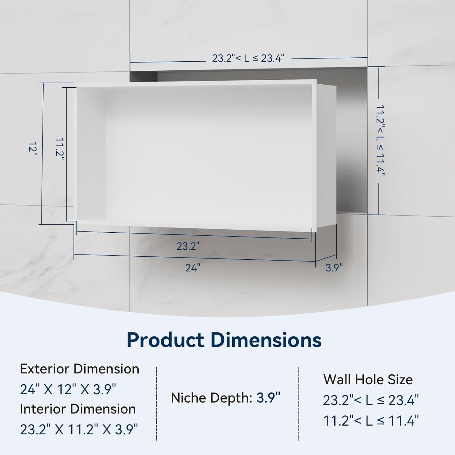 Shower Niche 24" X 12" White, Stainless Steel Wall Niche Recessed Shower Shelf for Bathroom Storage, No Tile Needed Over Mount Installation
