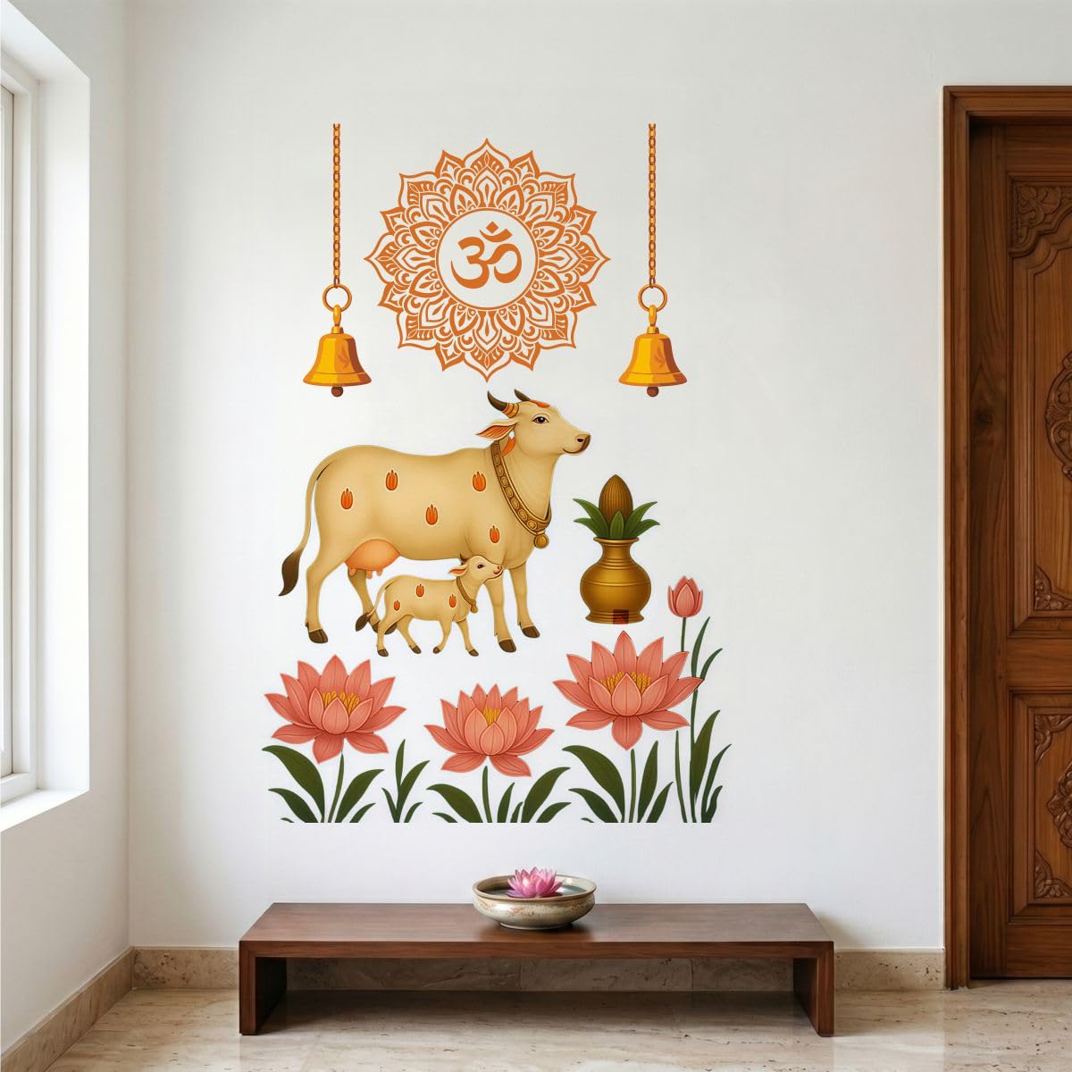 Rawpockets Kamadhenu Cow Lotus with Om Wall Sticker – Spiritual Pooja Room Wall Decor for Home and Office Self Adhesive Wall Sticker-image-12