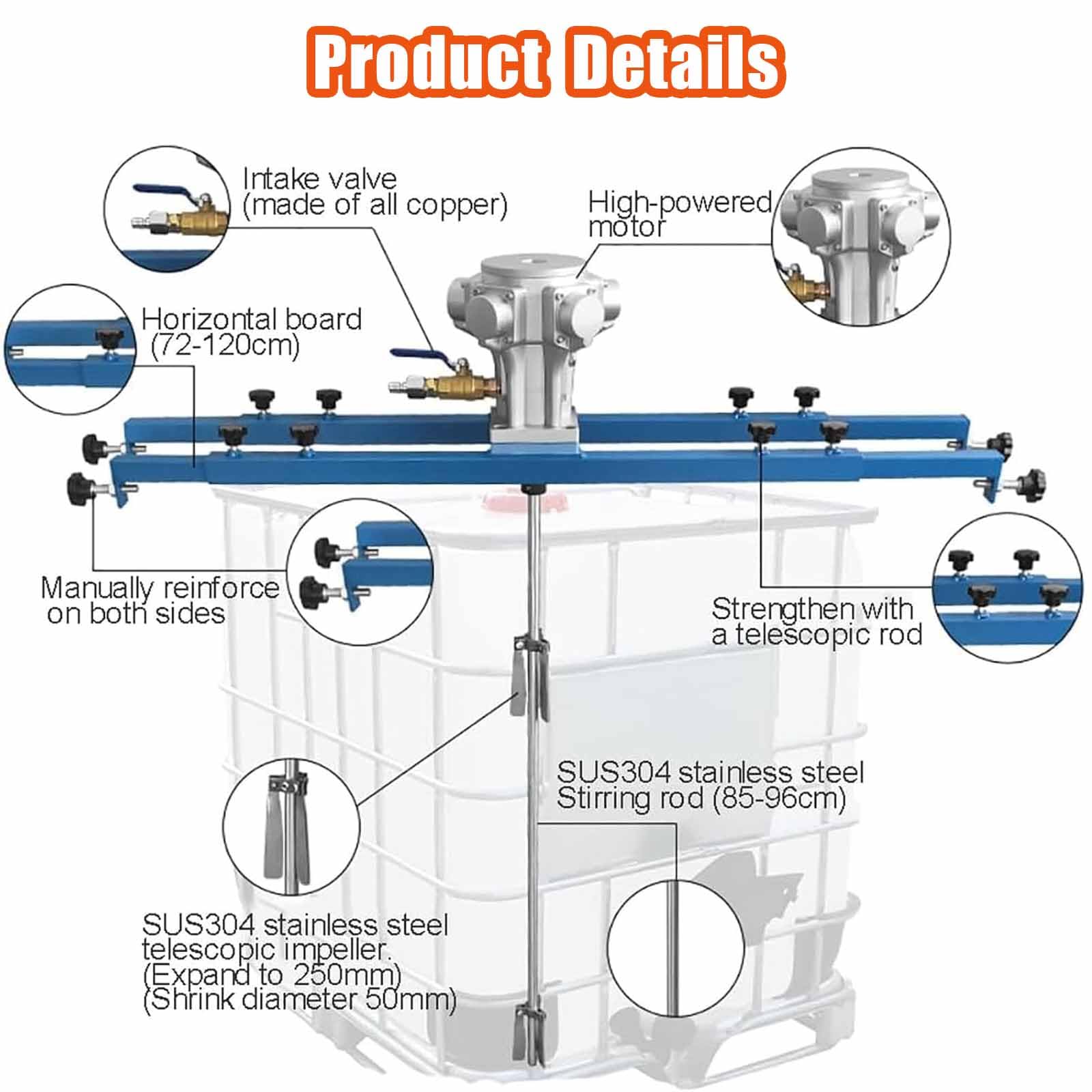 Agitadores Neumáticos para IBC, Mezcladores De Tanque con Motor Neumático De 5 Cilindros Y Hélice Plegable, 0-1300 RPM, Capacidad De Agitación De 1000 Kg, Diámetro del Impulsor De 250 Mm