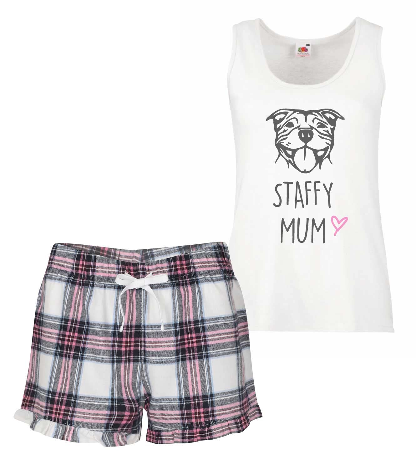 60 Second Makeover Limited Staffy Mum Pyjama Set Pink Tartan Friend Present