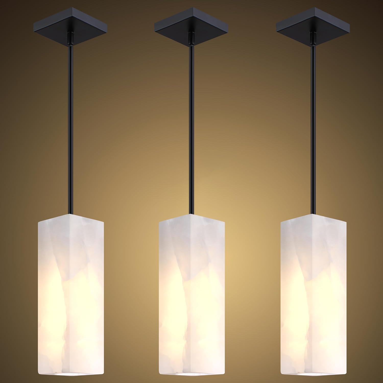Doraimi Lighting 3 Pack 1 Light Modern Industrial Farmhouse Hanging Kitchen Island Pendant Ceiling Light Fixture,Cylinder Natural Alabaster Marble Black Finish Over Sink Restaurant bar Corridor