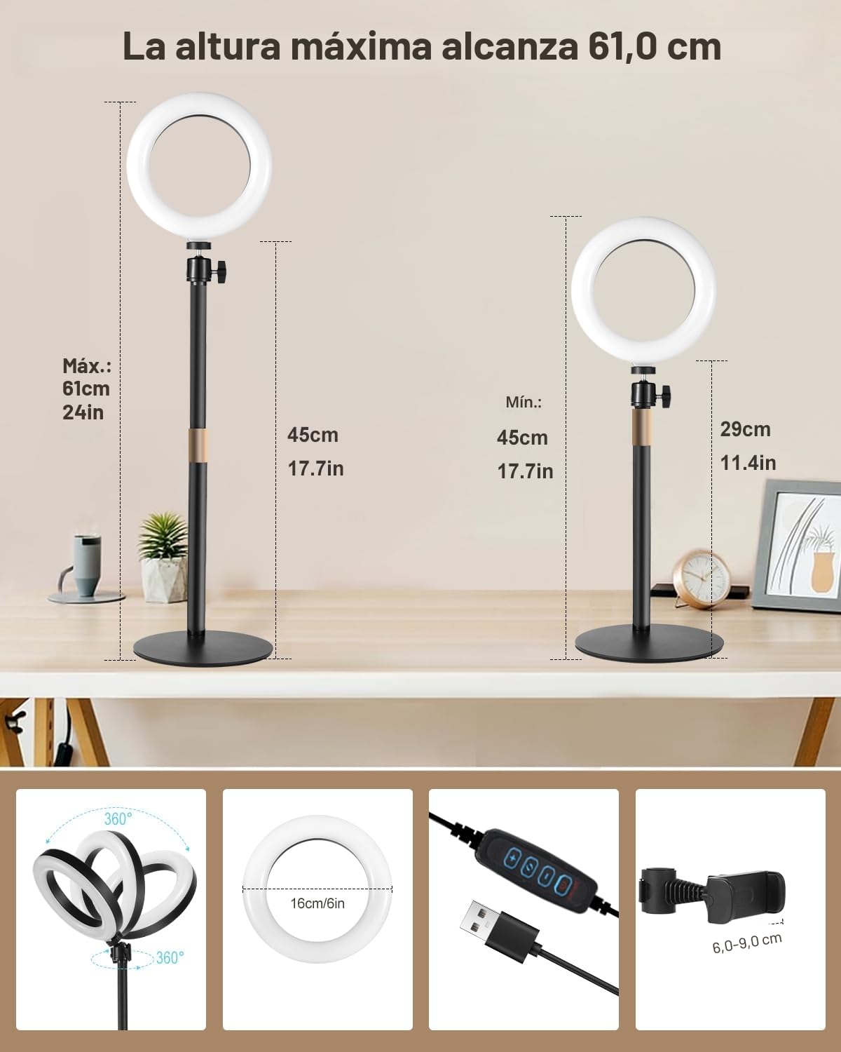 Railee Aro de Luz con Trípode y Clip 6'' Ring Light Escritorio Regulable Anillo de Luz Sobremesa con Movil Soporte para Videoconferencia Portátil Monitor Computadora Zoom Selfie Video