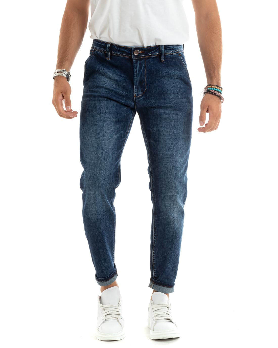 Pantaloni Uomo Jeans Tasche Skinny Slim Fit Denim Stone Washed