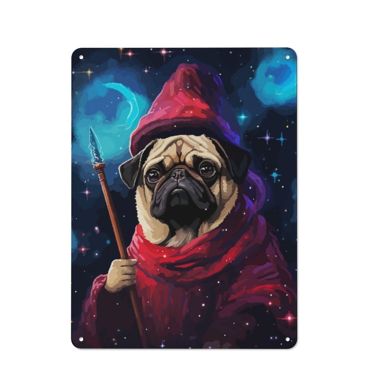 Junmoney Pug Wizard Pixel Art Cute Rustic Metal Sign 40X30cm Featuring For Hallway Wall, For Collectors Decorating Hallways And Entrance Areas
